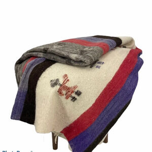 Wool rug 64 x 80.  Purple red grey stripe. Wool blend